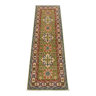 Kazak Runner 2′ X 6’2” Green Wool Tribal Hand-Knotted Oriental Rug For Sale