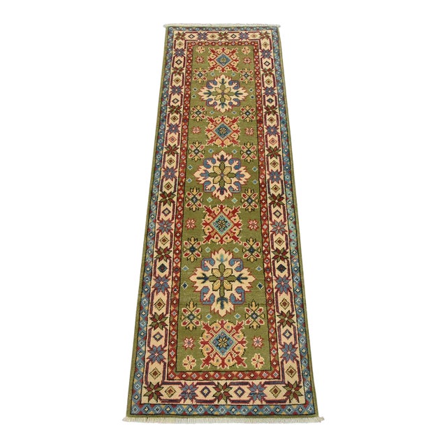 Kazak Runner 2′ X 6’2” Green Wool Tribal Hand-Knotted Oriental Rug For Sale