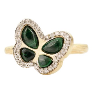 Natural Malachite Green Butterfly Ring With Diamonds in 14k Gold Size 5 For Sale
