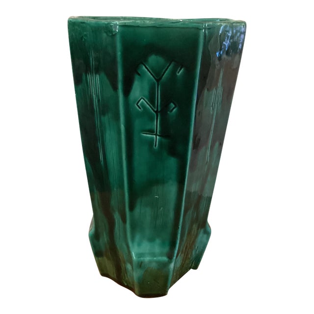 Rare Vintage Emerald Green Ceramic Vase W/Etched Design and Geometric Runes Symbols Signed Circa 1961 For Sale