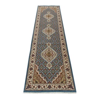 Tabriz Mahi Runner 2’11” X 10′ Blue Wool Traditional Hand-Knotted Oriental Rug For Sale