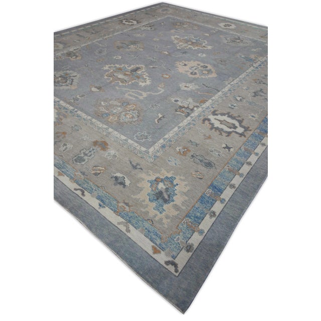 Early 21st Century Early 21st Century Blue & Taupe Floral Design Handwoven Wool Turkish Oushak Rug 12'3" X 15' For Sale - Image 5 of 8