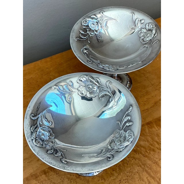 Metal Vintage Silverplate Floral Compotes - Pair For Sale - Image 7 of 12