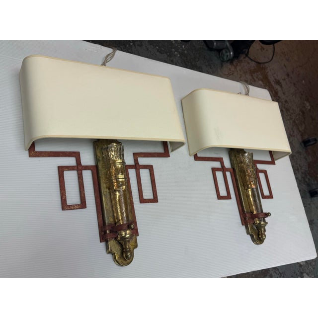 Vintage Chinoiserie Glass Torch + Metal Wall Sconces, Pair For Sale - Image 4 of 12