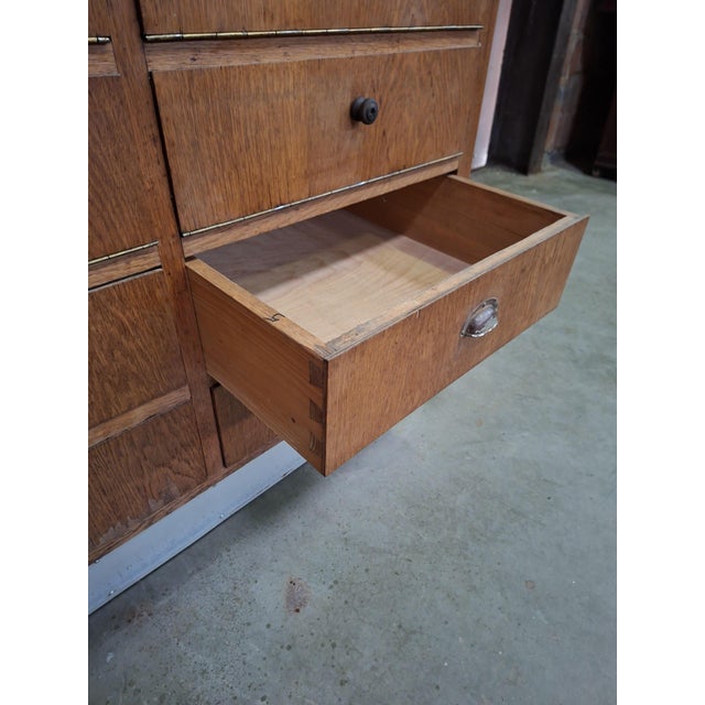 Vintage Wooden Haberdashery Display Counter with 20 Drawers and Glass Top For Sale - Image 14 of 16