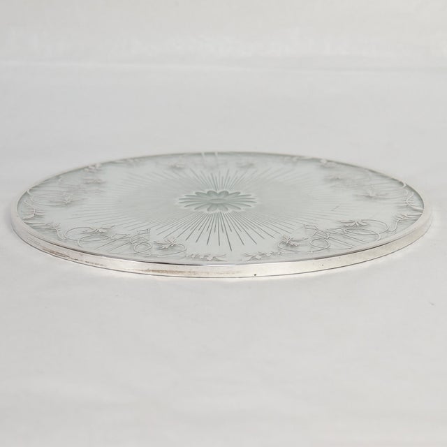 Antique Large 10-Inch Silver Overlay & Glass Floral Wine Coaster or Table Trivet For Sale - Image 9 of 15