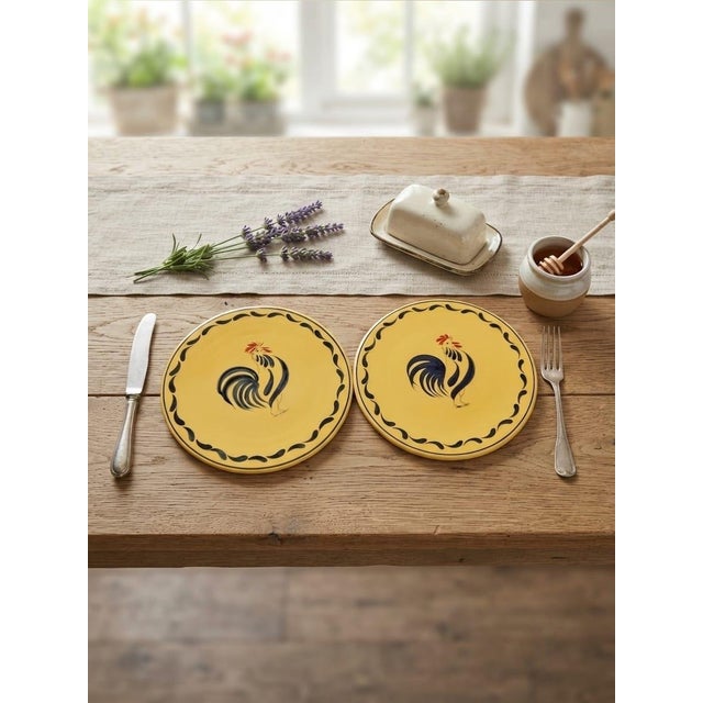 Vintage French Country Yellow Ceramic Rooster Placemats / Trivets - a Pair For Sale - Image 10 of 12