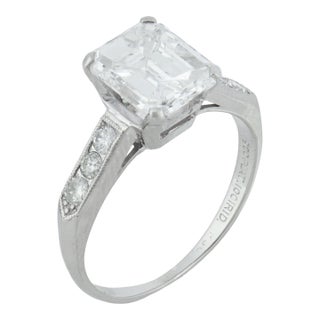 1950s Gia 2.09 D Vvs2 Emerald Cut Diamond Platinum Engagement Ring, Size 5.25 For Sale