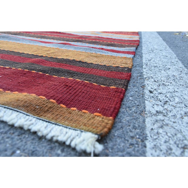 Textile 1960s Mid-Century Modern Striped Design Burgundy Turkish Vintage Wool Kilim Rug For Sale - Image 7 of 11