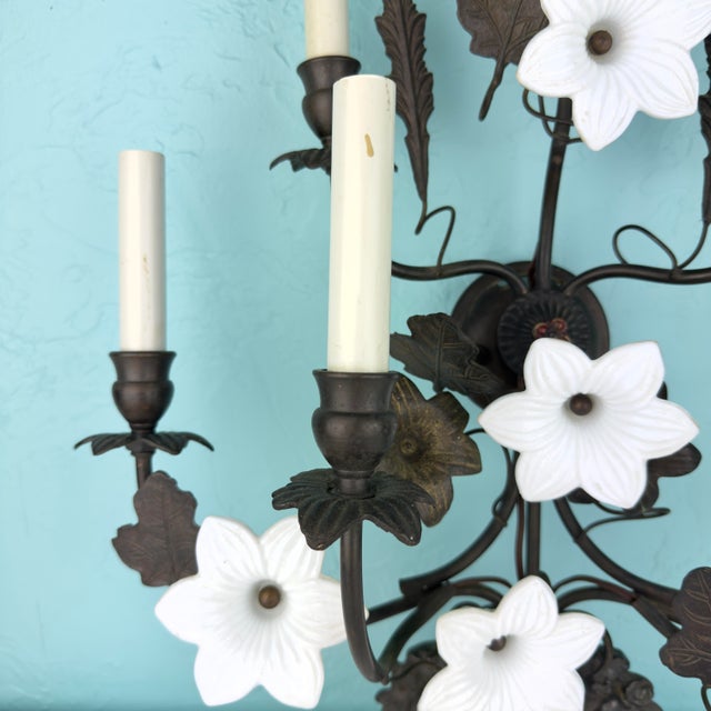 Vintage 7 Light Wrought Iron Wall Sconce With Milk Glass Flowers & Cherub Motif Matching Sconce Available Separately For Sale - Image 6 of 12