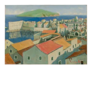 An Oil Painting of a Croatian Seascape & Town by Branko Porobic (Yugoslavian 1909 - 2004).