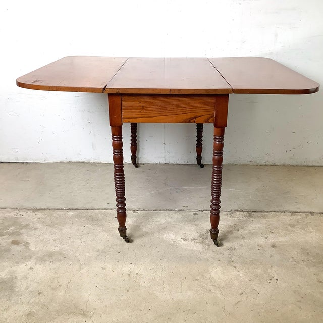 Antique Style American Drop-Leaf Table — Spool-Turned Legs, Brass Casters, Warm Hardwood Top For Sale - Image 4 of 12