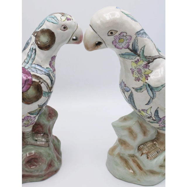 Large Mid Century Famille Rose Chinese Export Parrot Figurines - Set of Two For Sale - Image 10 of 12
