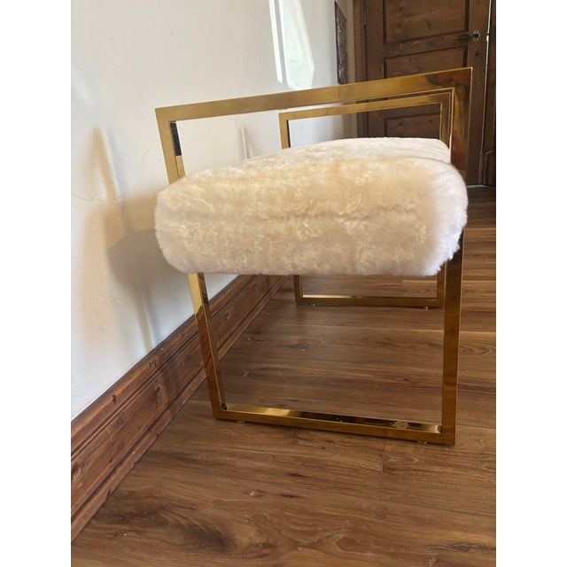 2010s Jonathan Adler Modern Goldfinger Brass & Faux Fur Ottoman / Stool For Sale - Image 5 of 7