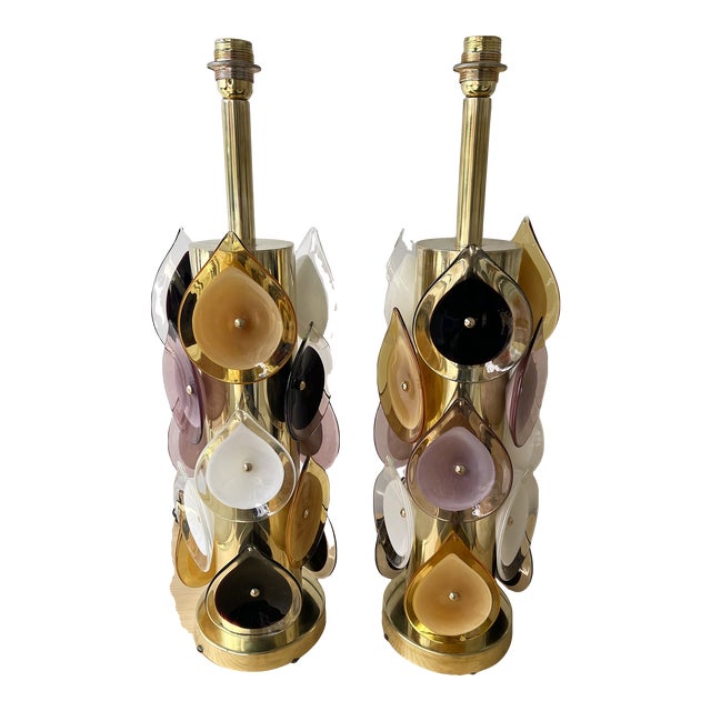 Contemporary Brass Murano Glass Flame Lamps, Italy - a Pair EU Wired For Sale