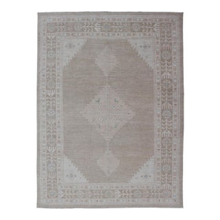 Oushak Rug With a Taupe Base and Soft Ivory, Light Blue Accents 10'0 X 14'4 For Sale