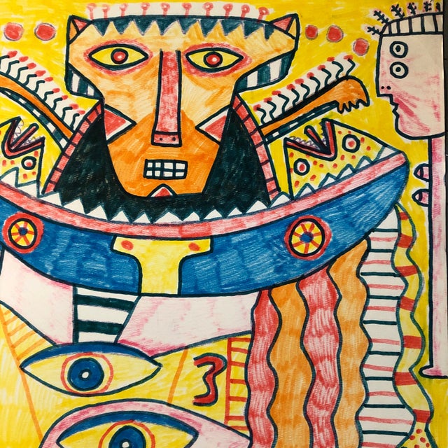 Contemporary Original Vintage Outsider Art 1990’s “The King of Babylon” Colored Marker Drawing For Sale - Image 3 of 7