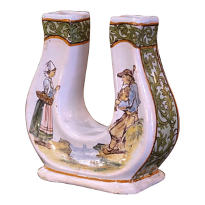 19th Century French Painted Faience Porquier Beau Quimper "Horseshoe" Vase