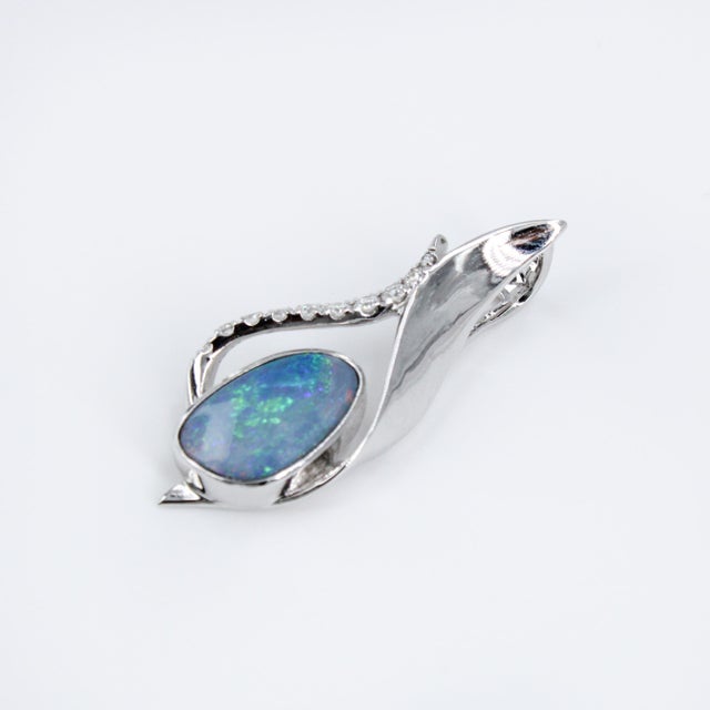 Art Deco Boulder Opal Pendant W Earth Mined Diamonds in Solid 14k White Gold For Sale - Image 3 of 3