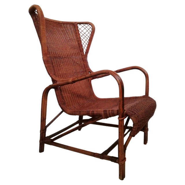 Mid-Century Wicker Bergère Armchair attributed to Eugenia Alberti Reggio for Ciceri, 1950 For Sale