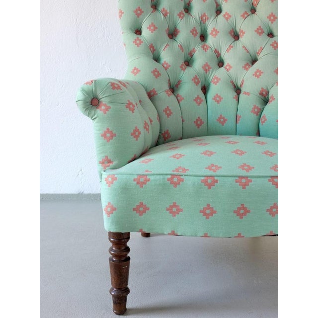 Vintage Green Coral Button Back Armchair, Belgium For Sale - Image 6 of 9