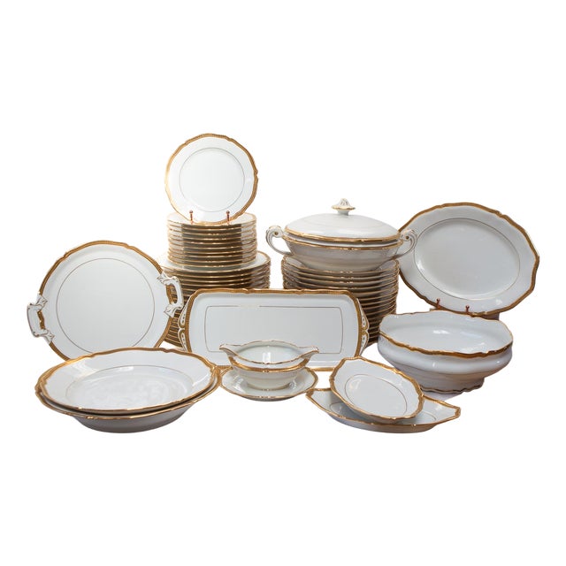 French Dinnerware with Gold Trim from Limoges Porcelain, 1950s, Set of 53 For Sale