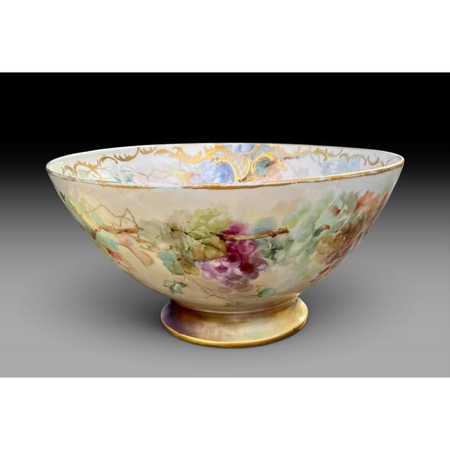 Ceramic Antique Limoges Porcelain Punch Bowl, Hand-Painted Grapes, France For Sale - Image 7 of 17