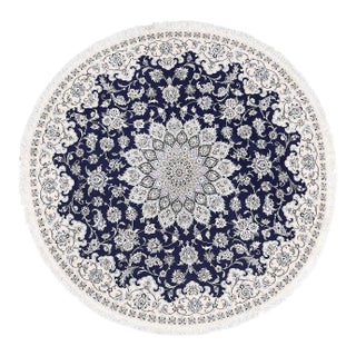Navy Blue Fine Hand Knotted Persian Silk & Wool Nain Round Rug For Sale