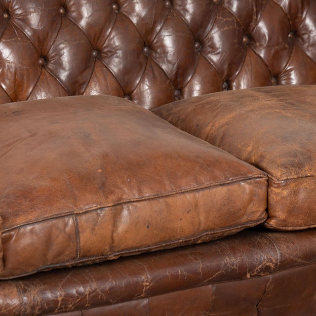 Wood Set of Three Vintage Brown Leather Chesterfield Seating Group With Sofa and Pair of Club Chairs For Sale - Image 7 of 18