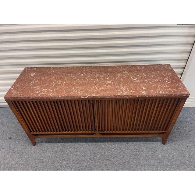 Wood Broyhill Brasilia Fluted Walnut Room Divider / Credenza With Marble Top, Vintage 1960s, McM, Mid Century Modern For Sale - Image 7 of 12