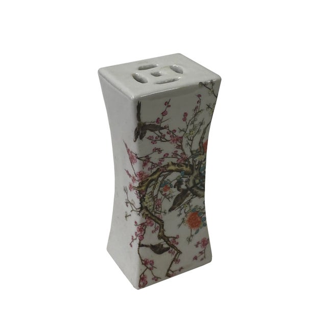 This is an oriental Chinese paperweight display art with distressed off-white base oriental flower birds scenery graphics....