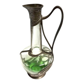 1900s Austrian Art Nouveau Pewter Jugendstil Clade Green Art Glass Wine Carafe For Sale
