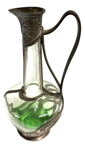 1900s Austrian Art Nouveau Pewter Jugendstil Clade Green Art Glass Wine Carafe