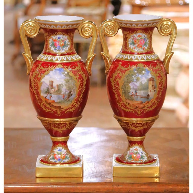 Neoclassical Pair of 19th Century French Neoclassical Hand Painted “Porcelaine De Paris” Urns For Sale - Image 3 of 14