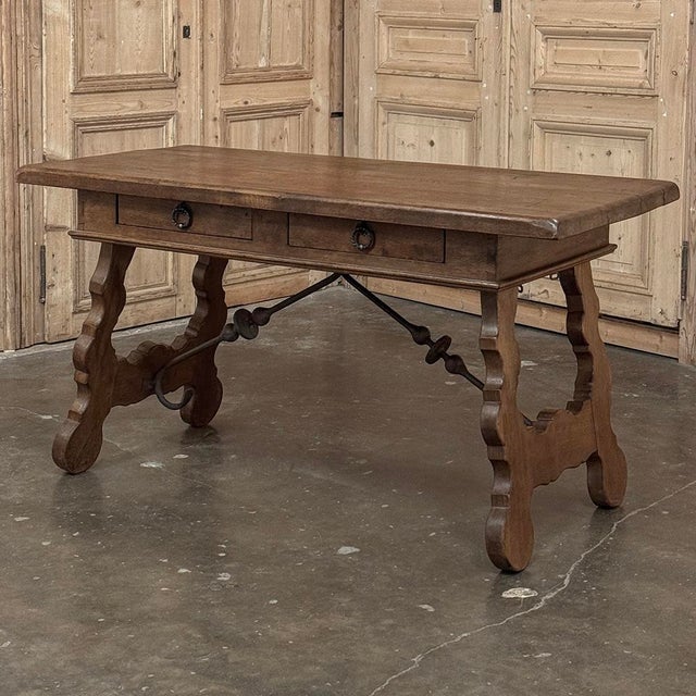 Vintage Spanish Style Two-Drawer Writing Table With Hand-Forged Iron Supports For Sale - Image 4 of 18