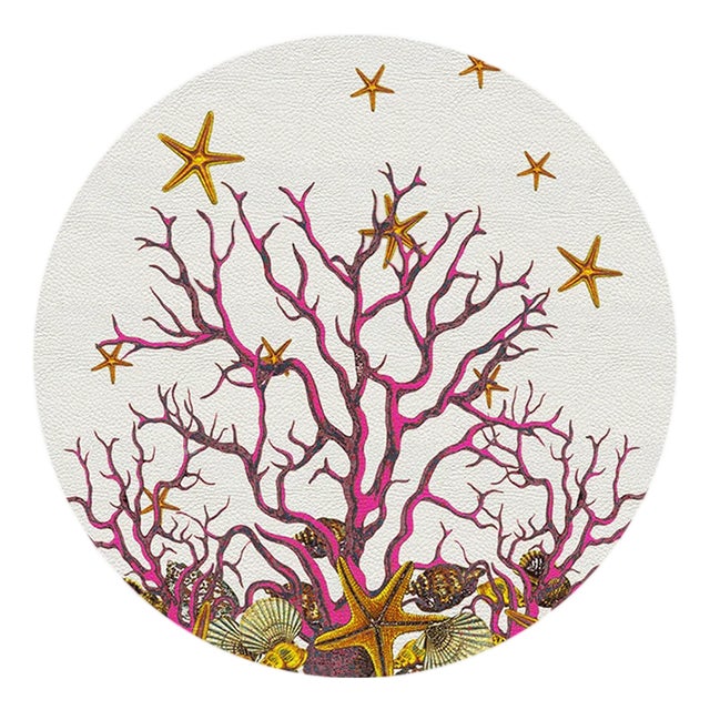 Coral Reef Vegan Leather Round Pebble Placemat, White Pink, Set of 4 For Sale