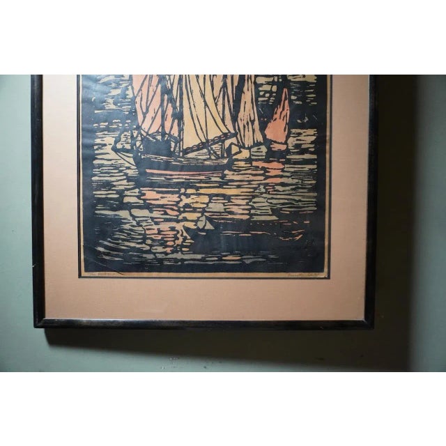 Coastal Signed Prescott Chaplin Block Print, the Harbor c.1920s For Sale - Image 3 of 5