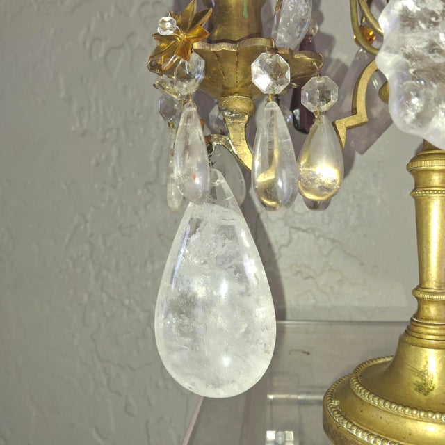19thc Opulent French Louis XVI Rock Crystal & Bronze Table Lamps/ Girandoles a - Pair For Sale - Image 4 of 18