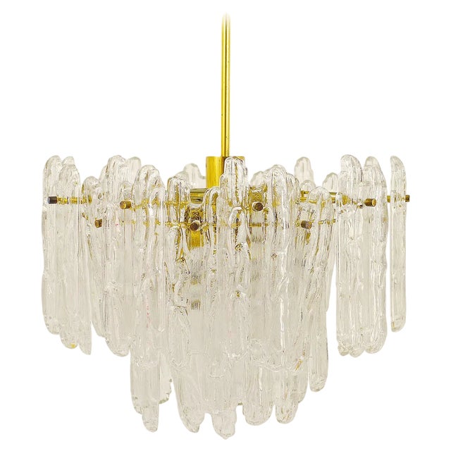 Icicle Brass Ice Glass Chandelier attributed to Kinkeldey, Germany, 1960s For Sale