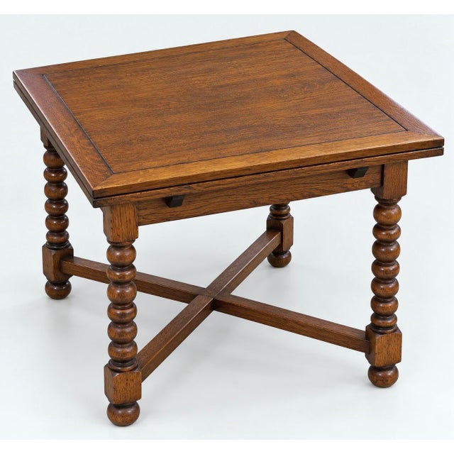 Brown Antique English Jacobean Revival Oak Draw Leaf Mahjong Game Table, C. 1920s For Sale - Image 8 of 8