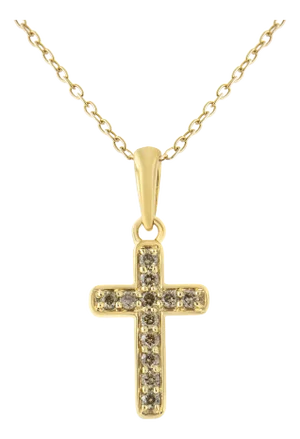 10K Yellow Gold Flashed .925 Sterling Silver 1/4 Cttw Champagne Diamond Cross Pendant Necklace - 18"