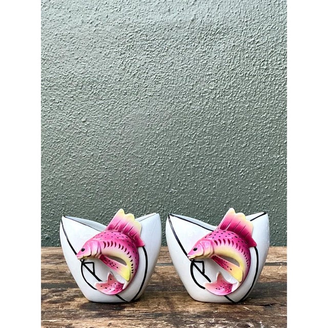 Mid-Century Modern Vintage Stafford Ceramic Leaping Fish Vases - Pair For Sale - Image 3 of 12