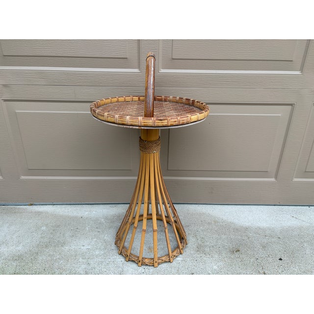 Mid-Century Palm Beach Bamboo & Woven Rattan Drinks Table With Carrying Handle For Sale - Image 12 of 12