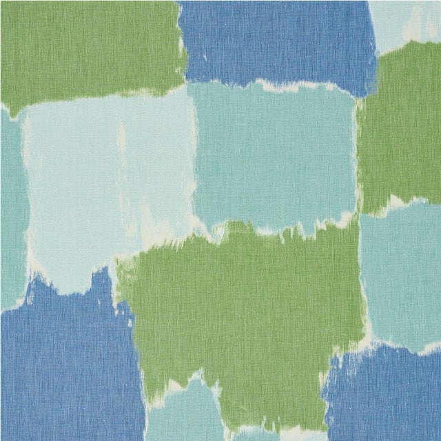 Sample - Schumacher Colorblock Ikat Fabric in Aqua For Sale