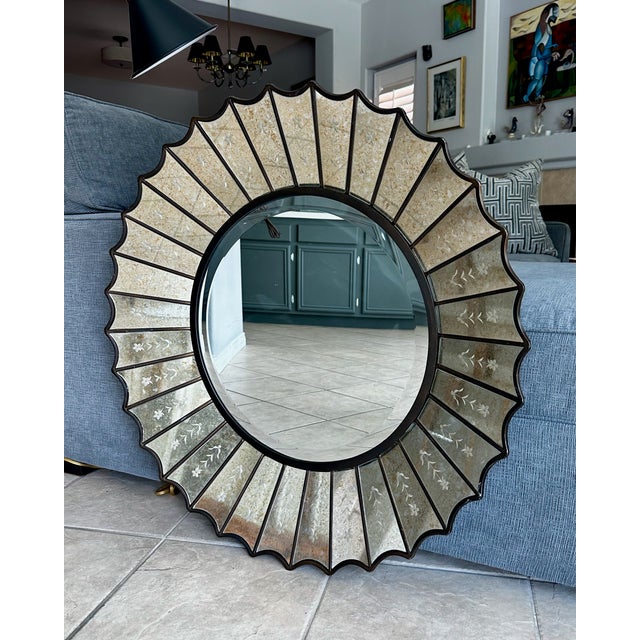 Uttermost Round Sunburst Venetian Style Etched Glass Wall Mirror For Sale - Image 11 of 17