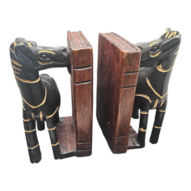 Vintage Wood W/Zebra Motif Bookends, Pair For Sale