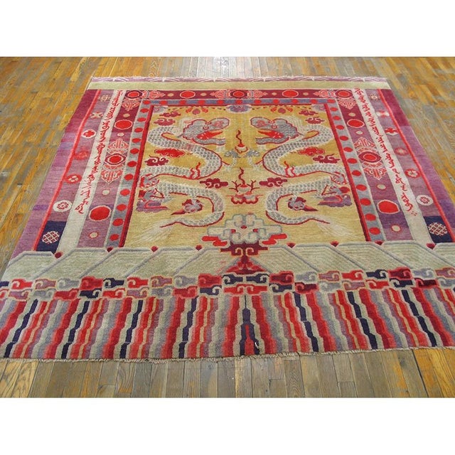 Chinese 1890s Yellow Dragon Qing Antique Chinese Ningxia Banner Square Wool Rug For Sale - Image 3 of 9