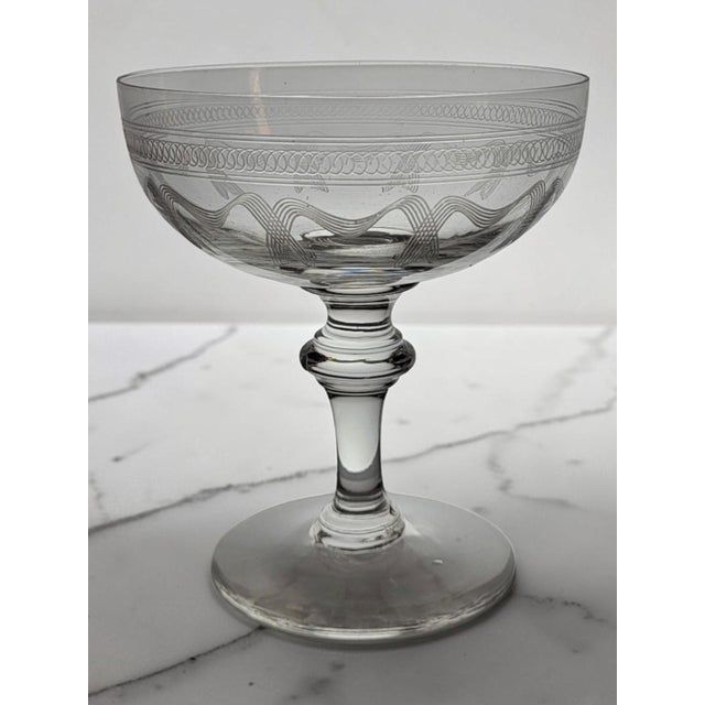Engraved Crystal Champagne Coupes, 19th Century, 1890s, Set of 8 For Sale - Image 3 of 12