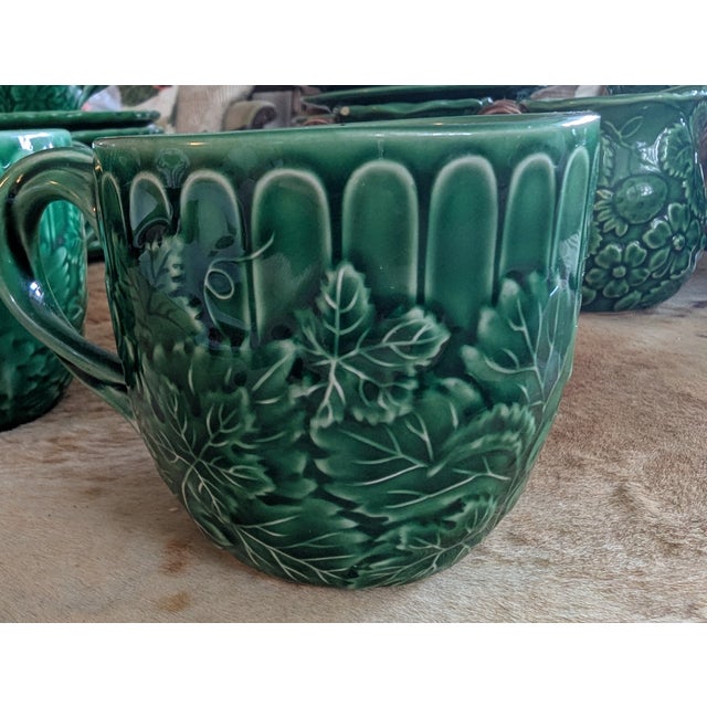 English Vintage the Haldon Group Green Majolica Relief Cup & Saucer Set for 8 For Sale - Image 3 of 8