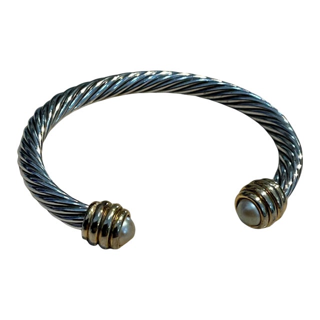 Vintage Silver Classic Cable Bracelet With Pearl Accents For Sale - Image 9 of 9
